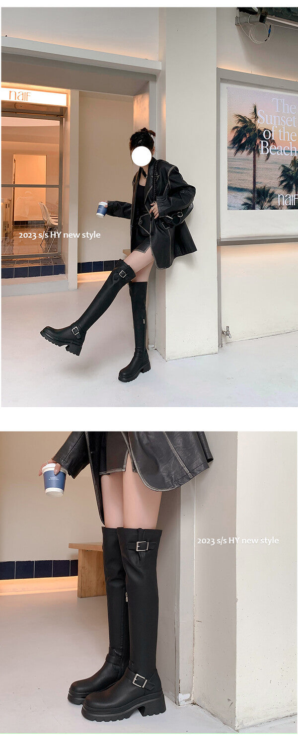 Karin Luna In Stock   Thick Sole Round Toe Basic Versatile Casual Long Boots
