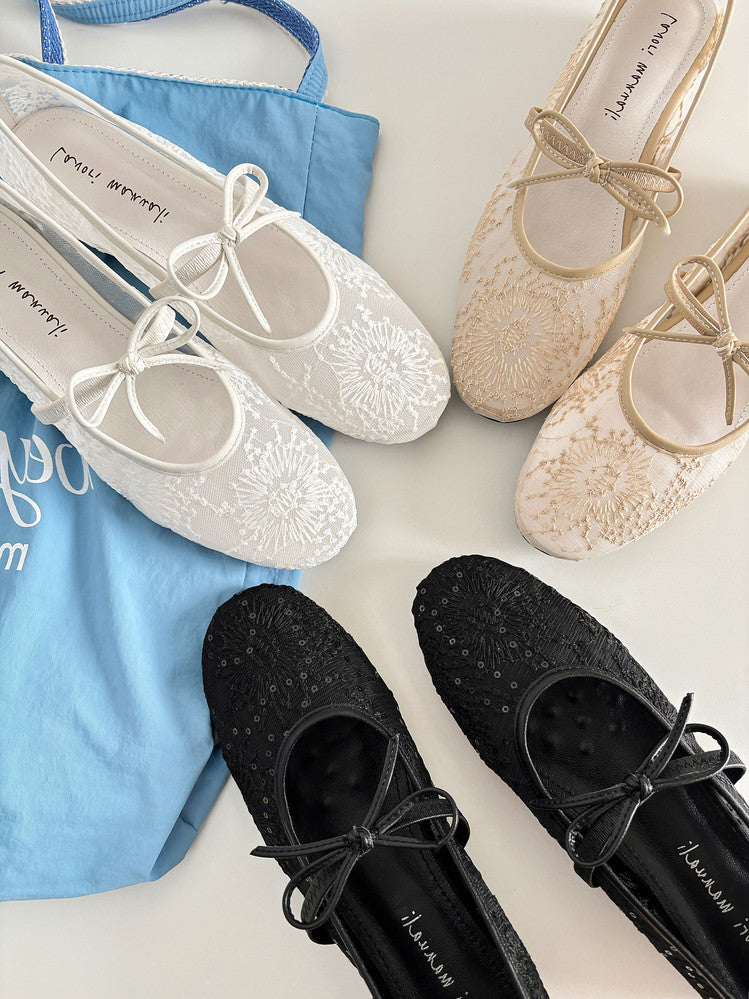 Karin Luna In Stock Spot Goods  Summer Breathable Retro Embroidered Bow Granny Shoes