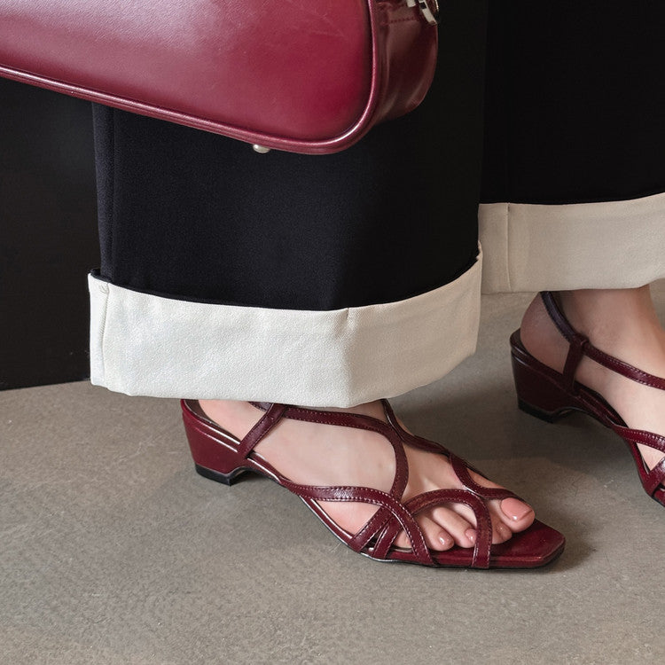 Karin Luna French Hollow Style Small Square Toe Chunky Heel Sandals