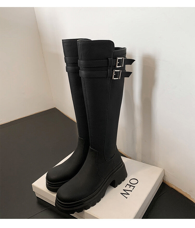 Karin Luna In Stock  Round Toe Thick Sole Casual Belt Buckle Long Boots