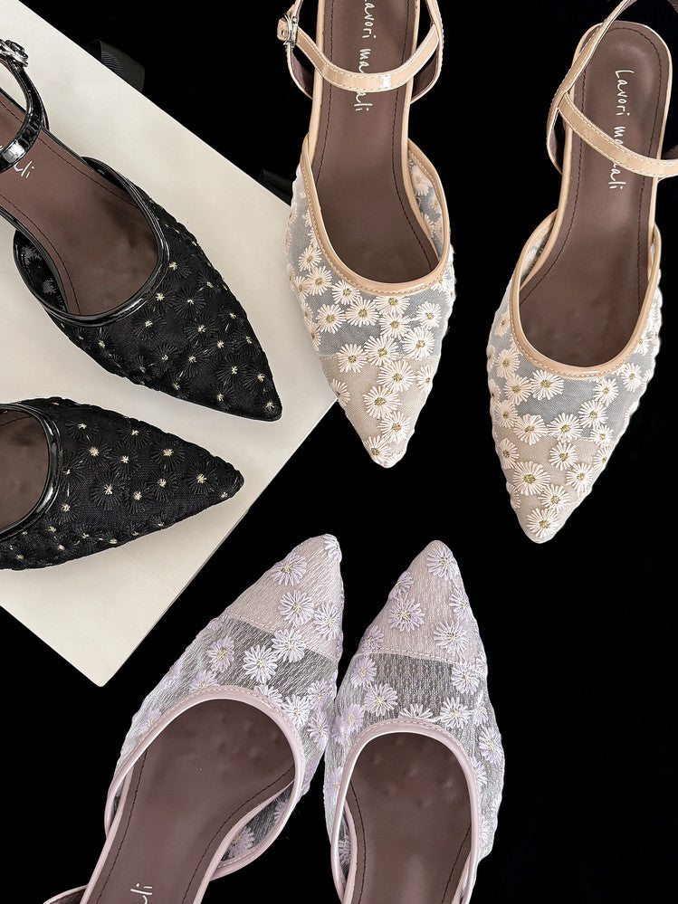 Karin Luna In Stock Spot Goods Embroidered Daisy Sheepskin Mesh Elegant Closed-Toe Slippers