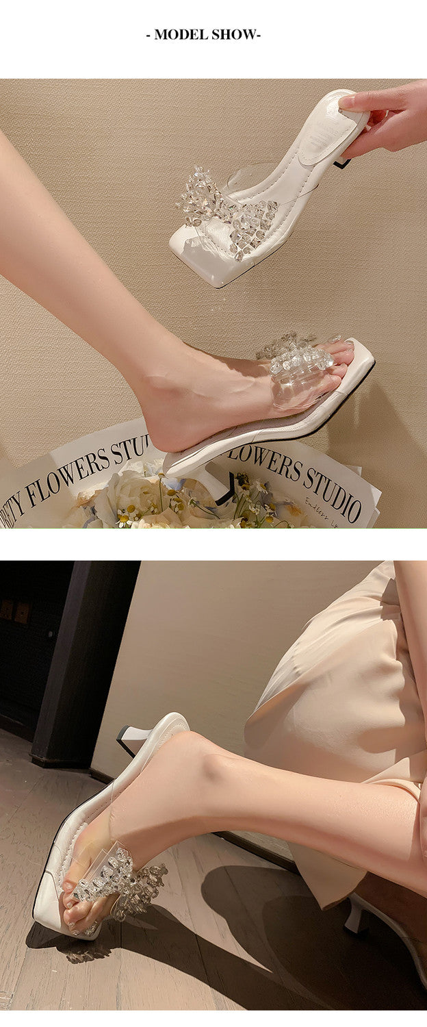 Karin Luna In Stock In Stock Transparent Bow Square Toe Suede Open Toe Sandals