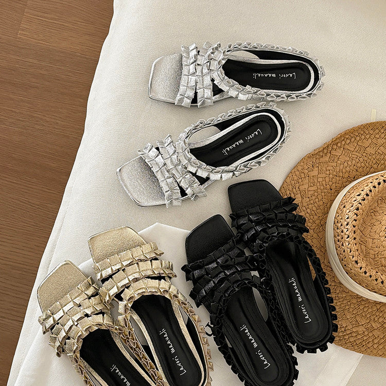 Karin Luna In Stock   Spot Goods  Niche Design Square-Toed Pleated Flat Slippers