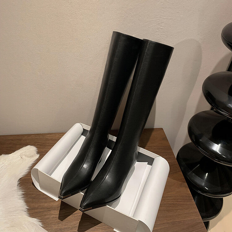 Karin Luna In Stock  In Stock Elegant Metal Pointed Toe Chunky Heel Full Cowhide Leather Riding Boots