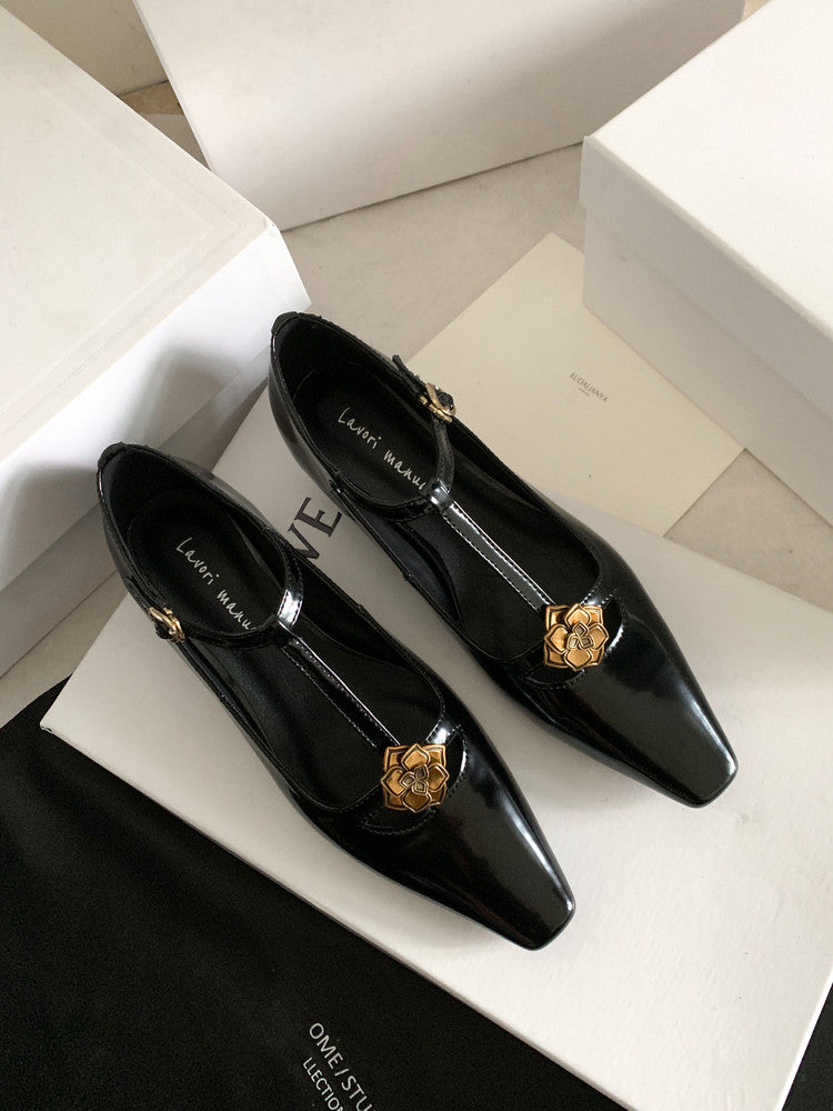 Karin Luna In Stock Spot Goods    Retro Classic Metal Camellia Irregular Heel Single Shoes
