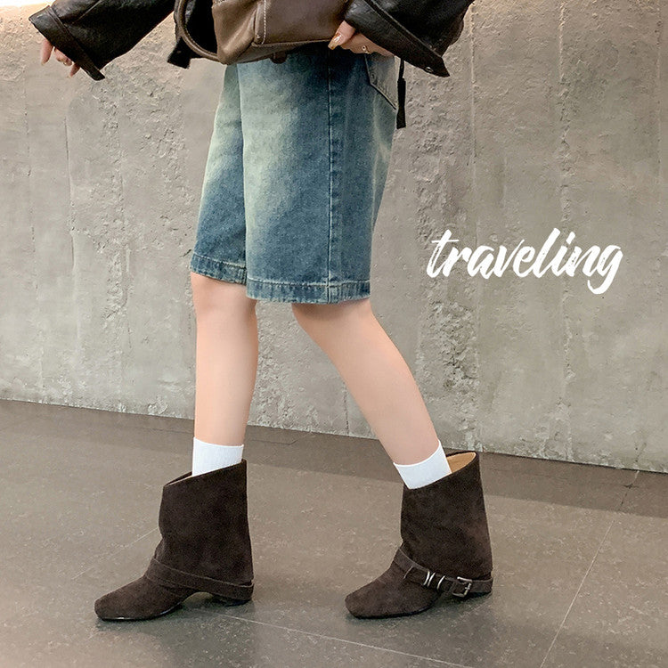 Karin Luna Data Hot Item Square Toe Hidden Wedge Belt Buckle Suede Ankle Boots
