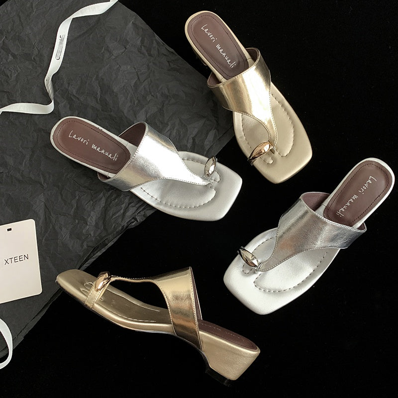 Karin Luna In Stock Spot Goods Clip-toe Square Toe Metal Buckle Minimalist Slippers