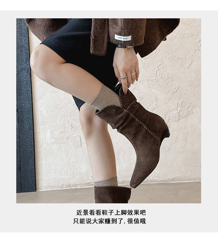 Karin Luna Elegant Style Small Square Toe Pleated Short Boots