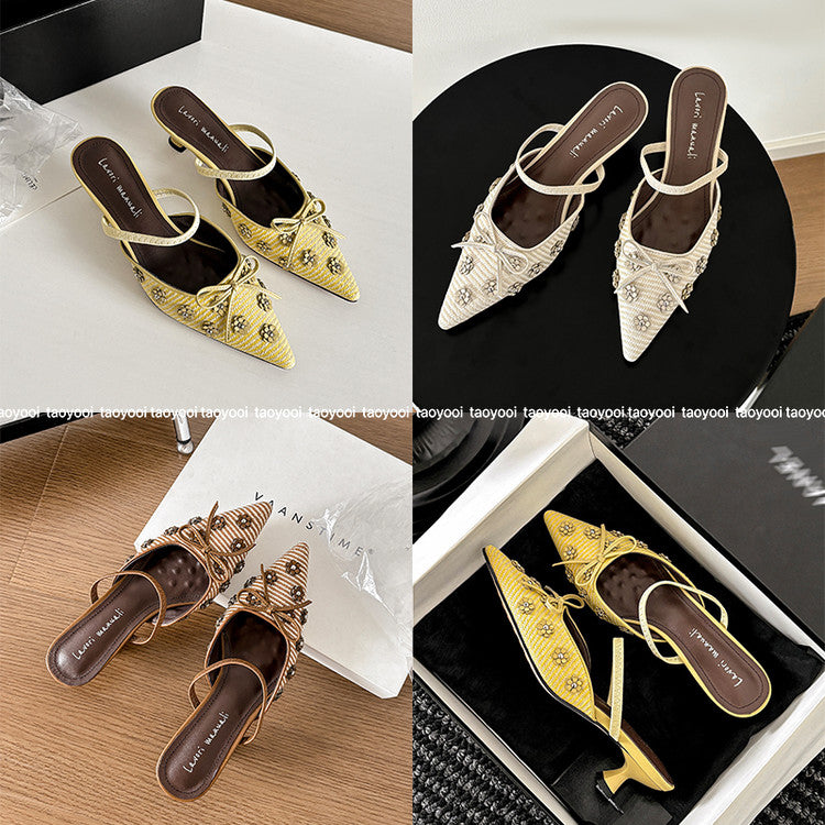 Karin Luna In Stock Spot Goods  Elegant Floral Pointed Toe Rhinestone Slippers