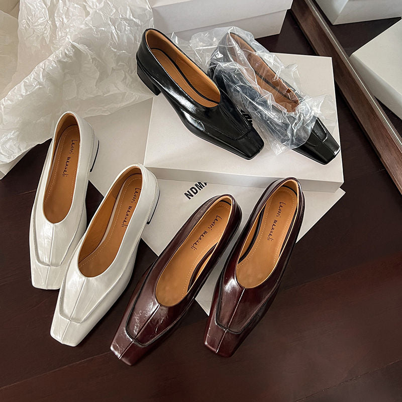 Karin Luna In Stock Spot Goods  Retro Full Leather Square Toe Shallow Mouth Single Shoes