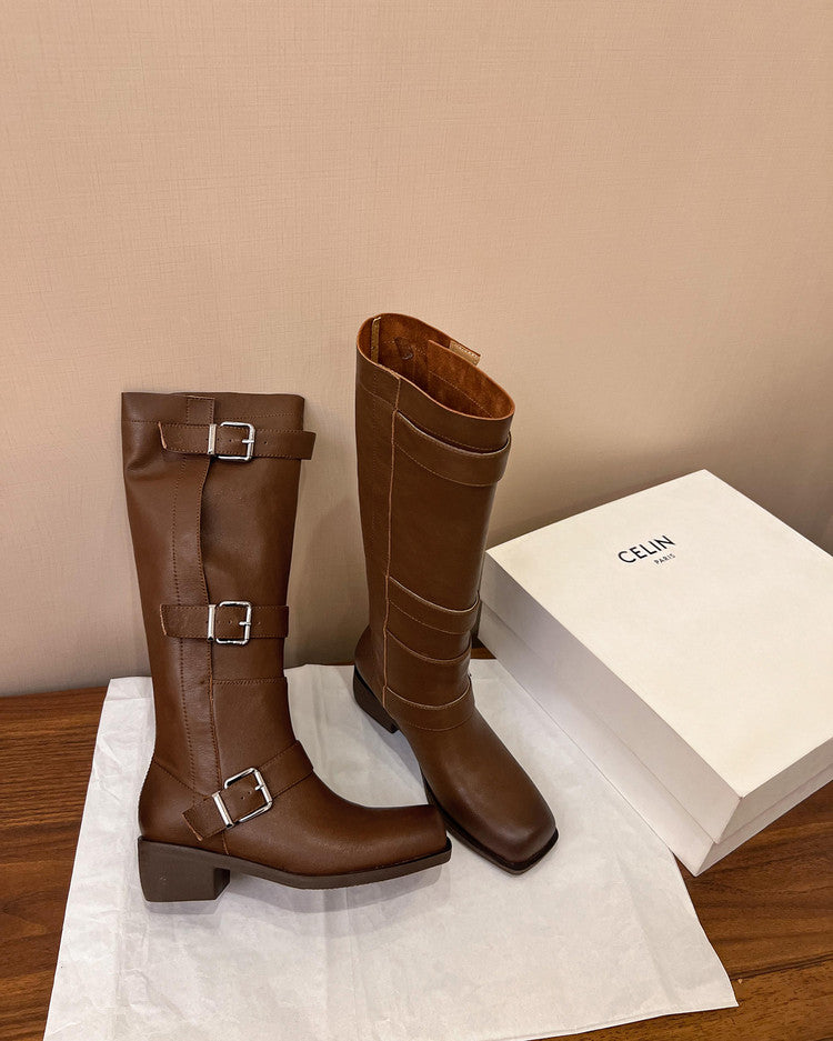 Karin Luna In Stock In Stock European and American Style Square Toe Thick Sole Belt Buckle Long Boots