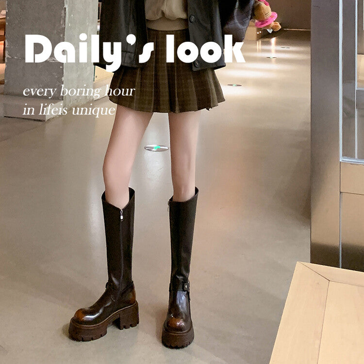 Karin Luna In Stock In Stock Slimming Diagonal Cut Tube Top  Best-selling in stock Retro Metal Buckle Thick-Soled Long Boots