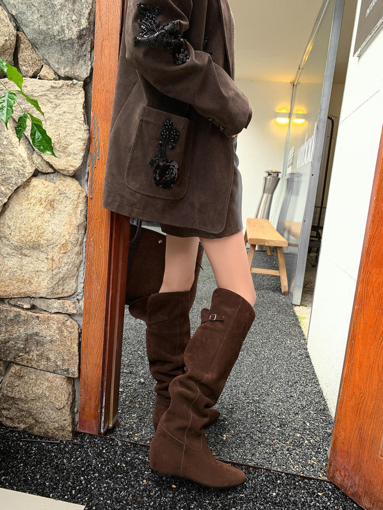 Karin Luna In Stock Spot Goods Vintage Cowhide Leather Two-Way Wear Pointed Toe Height-Increasing Long Boots