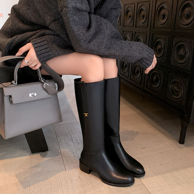 Karin Luna In Stock Spot Goods Basic Retro Square Toe Chunky Heel Riding Boots