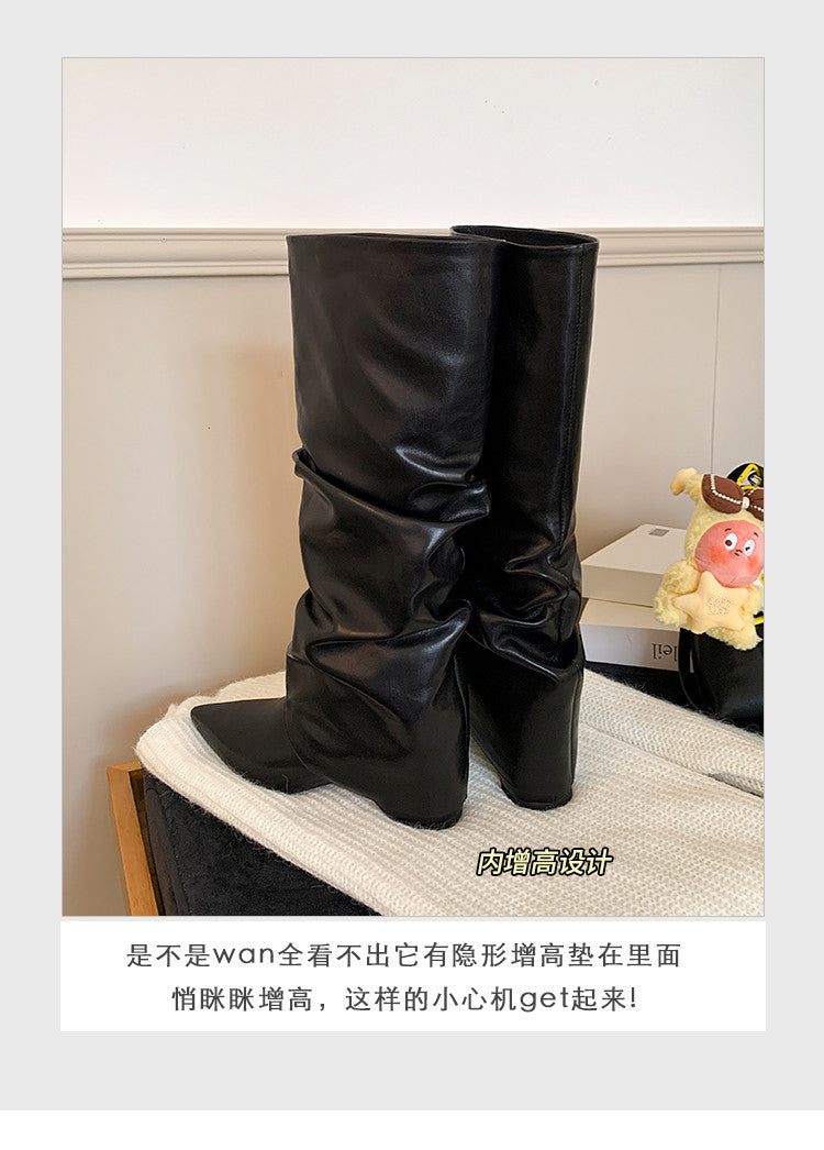 Karin Luna Elegant Style Pointed Toe Hidden Wedge Long Boots