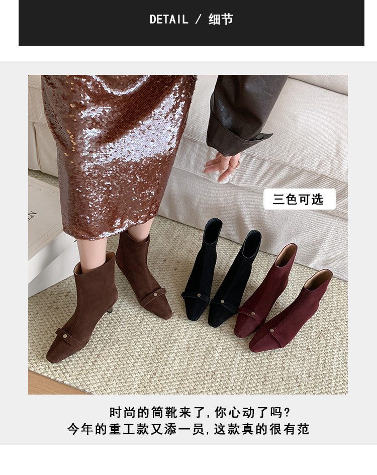 Karin Luna Elegant Style Small Square Toe Belt Buckle Thin Heel Short Boots