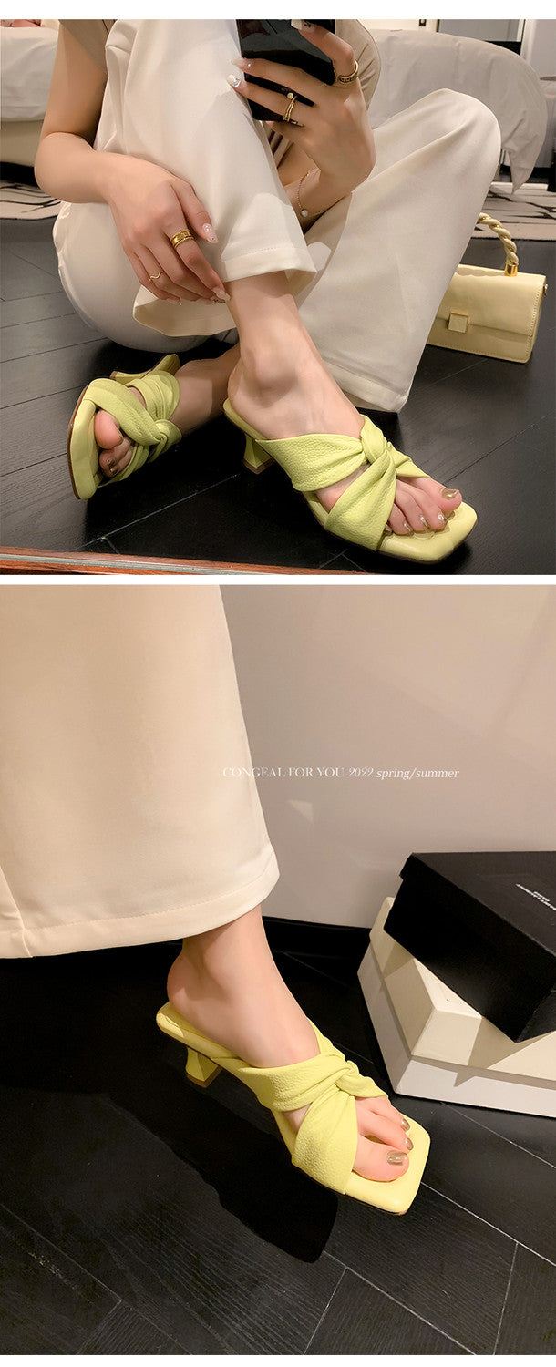 Karin Luna In Stock In Stock  Comfortable Cross Strap  Airy High Heel Square Toe Slippers