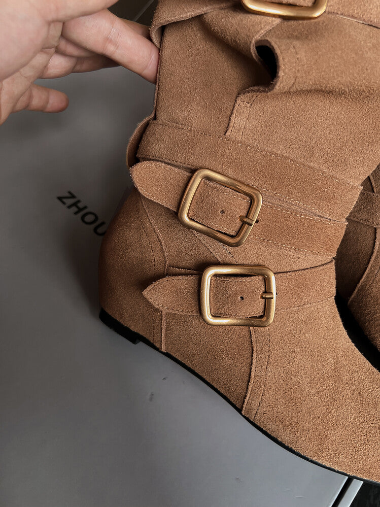 Karin Luna Cow Leather Small Square Toe Belt Buckle Fashion Boots