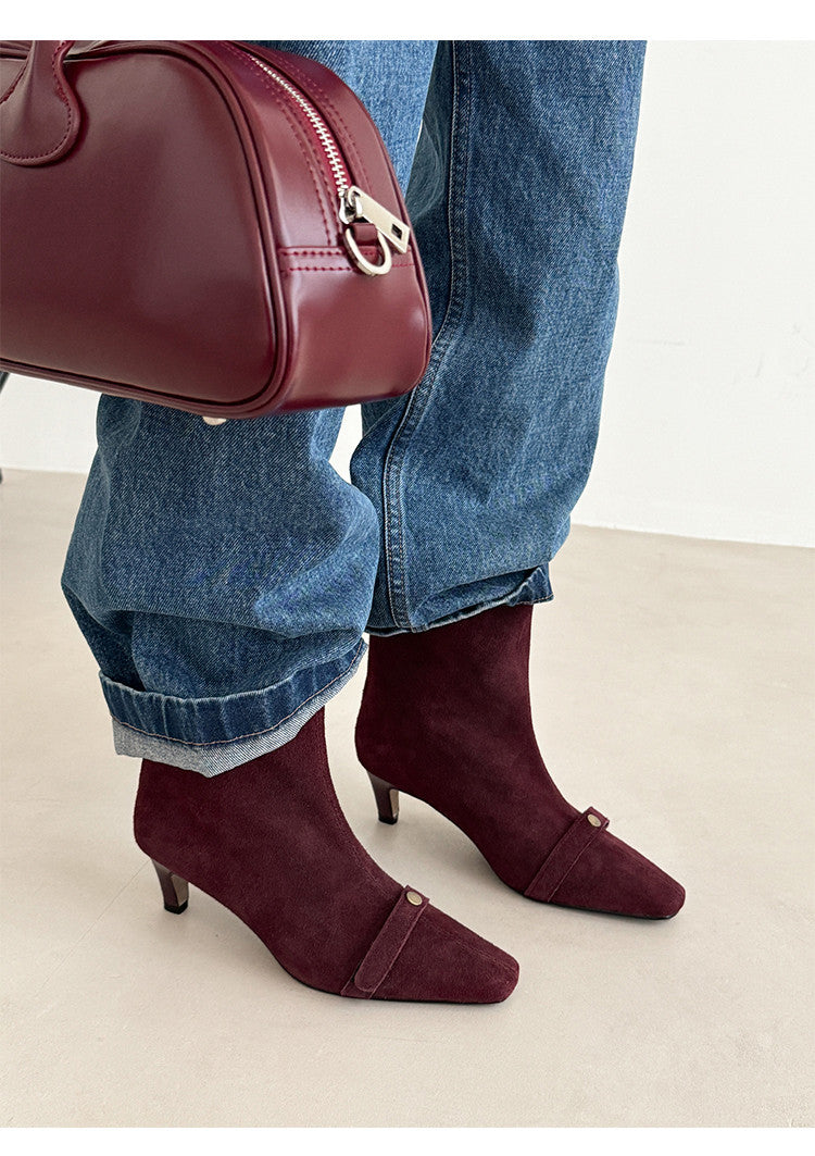 Karin Luna Elegant Style Small Square Toe Belt Buckle Thin Heel Short Boots