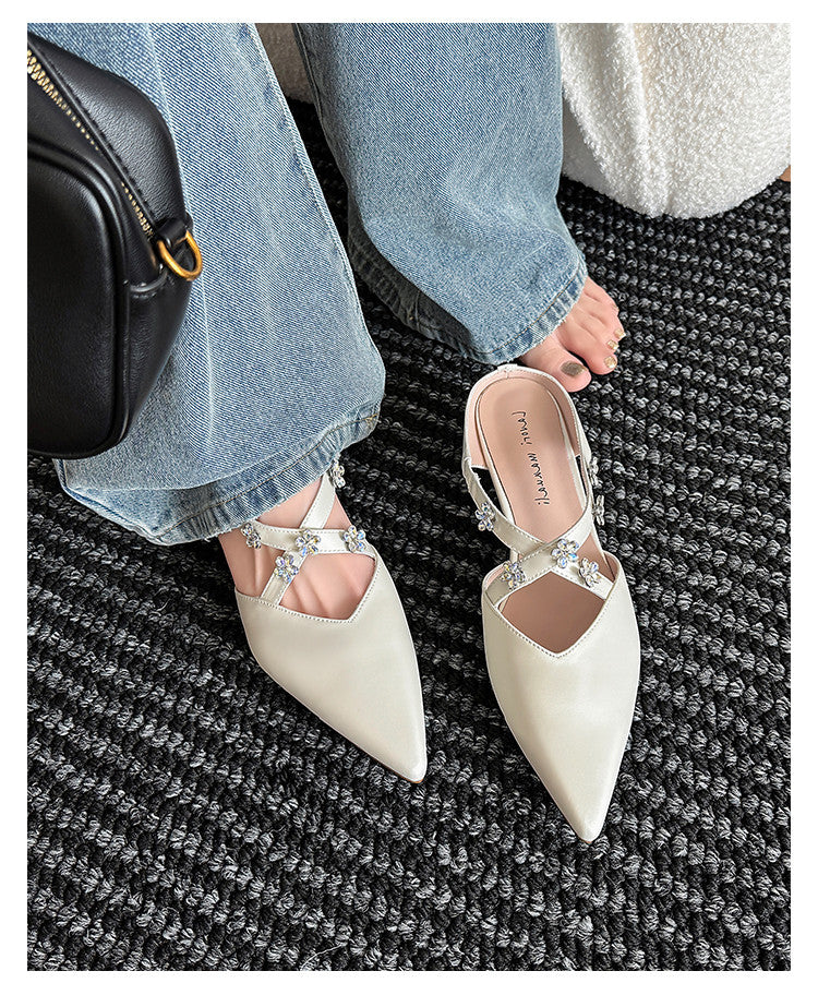 Karin Luna Elegant Pointed Toe Rhinestone Flower High Heel Mules