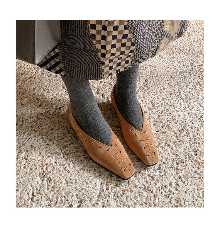 Karin Luna In Stock Spot Goods    Old Money Style Square Toe Suede Flats