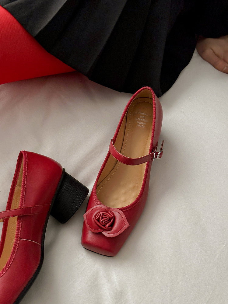 Karin Luna In Stock Spot Goods  Vintage Three-Dimensional Camellia Square-Toed Mary Jane Shoes