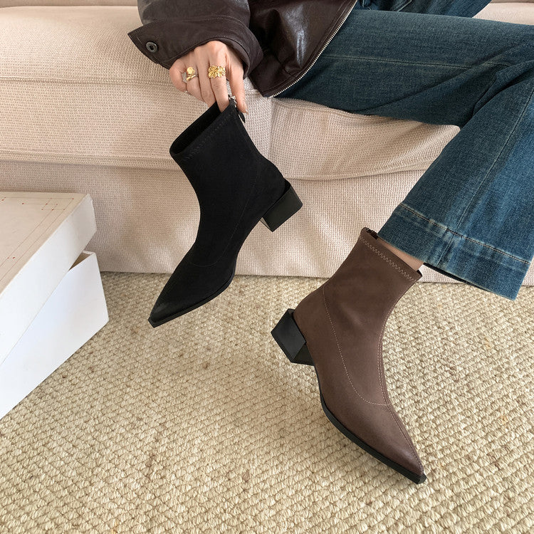 Karin Luna In Stock In Stock Elastic Slim Pointed Toe Chunky Heel Basic Ankle Boots