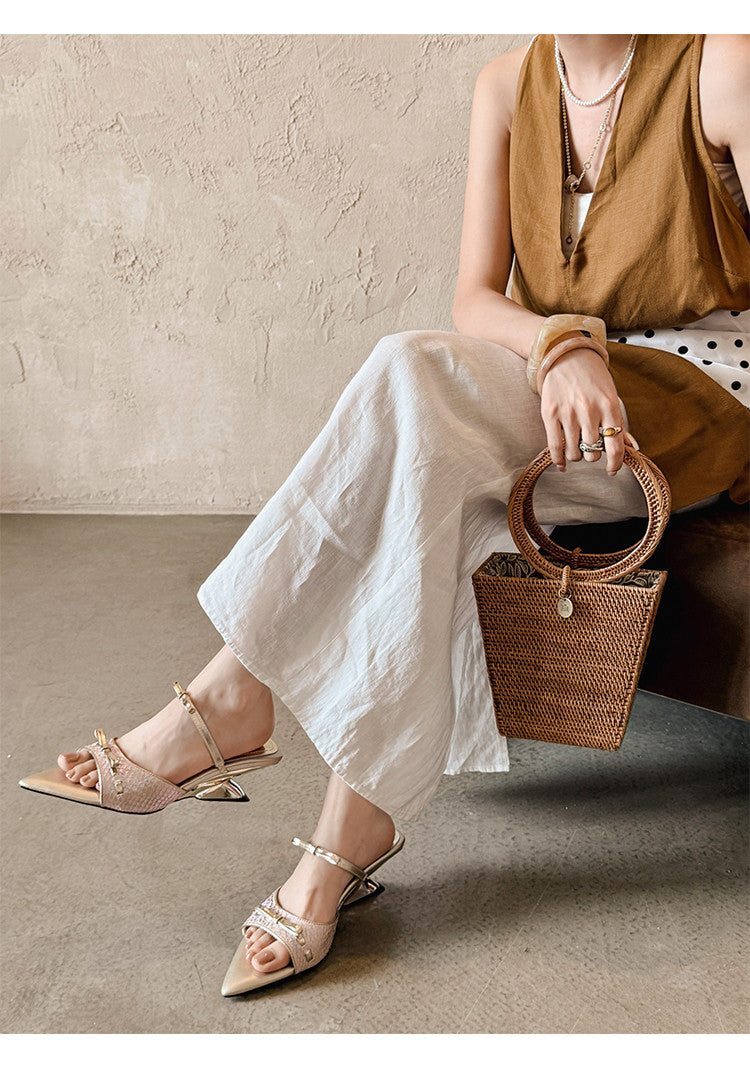 Karin Luna Fish Skin Series~Pointed Toe Irregular Heel Bowknot Strap Slippers
