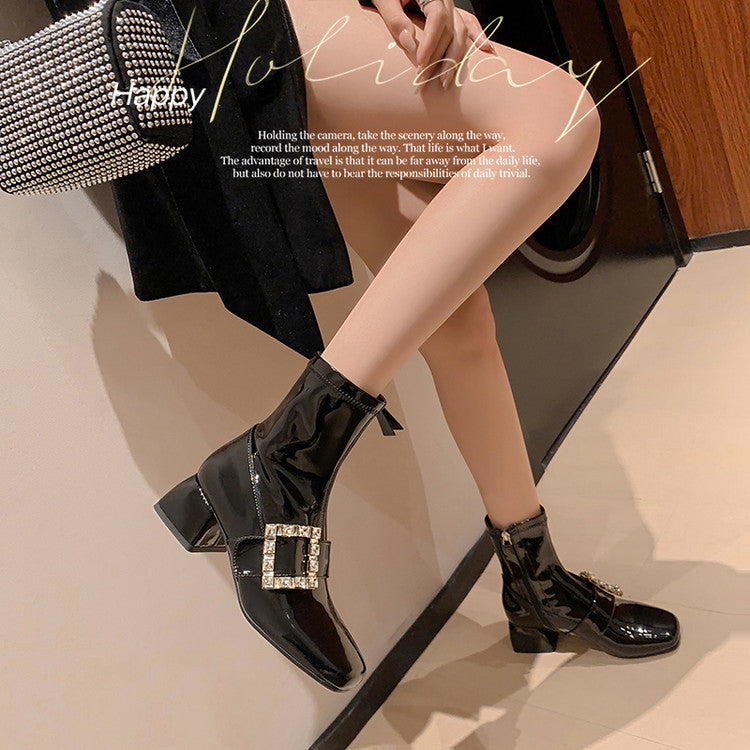 Karin Luna Elegant Style Ultra Slimming Rhinestone Chunky Heel British Style Riding Boots Long Boots
