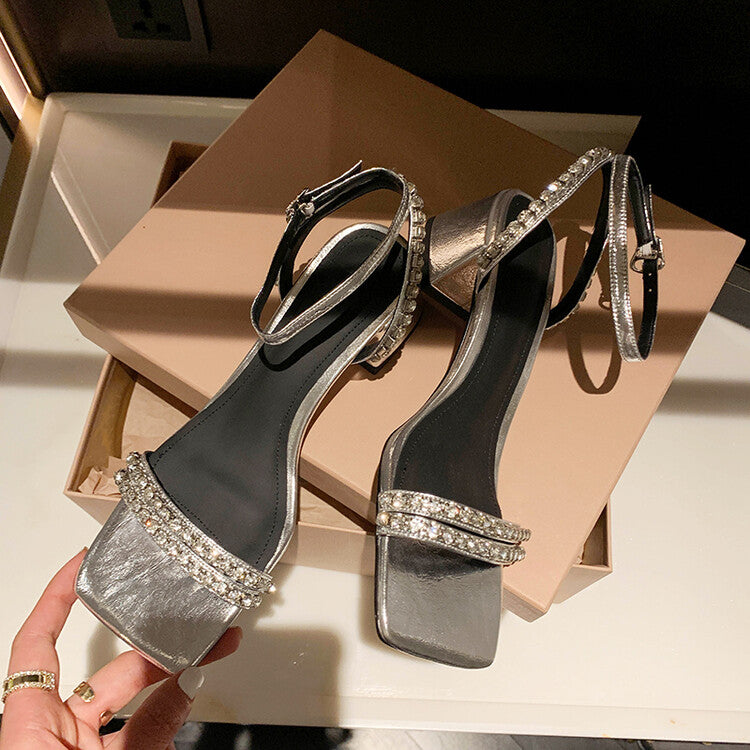 Karin Luna Classic Style   Rhinestone Strap Chunky Heel Open-Toe Sandals