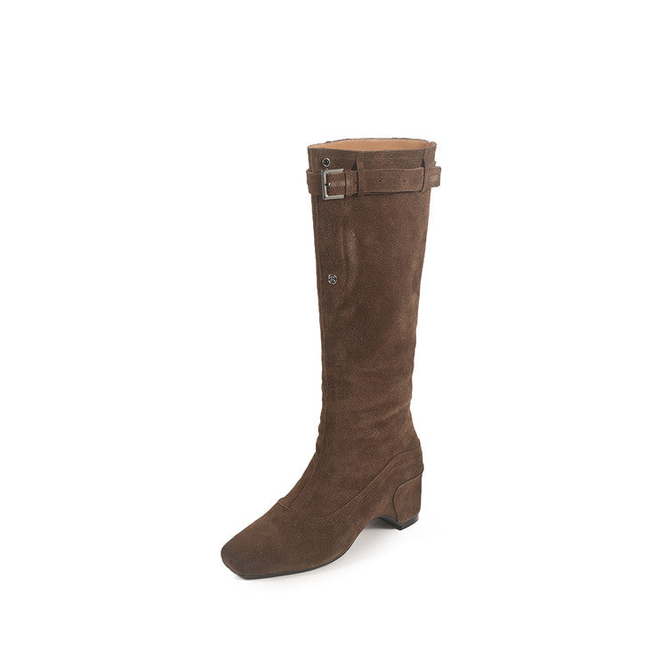 Karin Luna Belt Buckle Elegant Chunky Heel Suede Western Boots