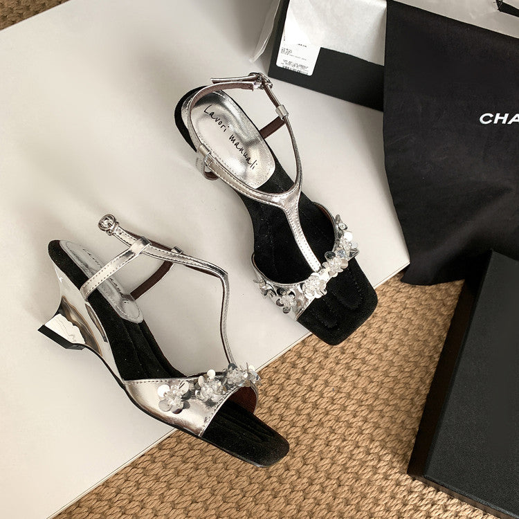 Karin Luna Hot-Selling Sequin Floral Series ~  Square Toe Irregular Heel Square Toe Sandals