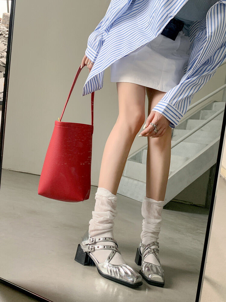Karin Luna In Stock Spot Goods First Layer Sheepskin Cross Strap Rivet Square Toe Mary Jane Sandals
