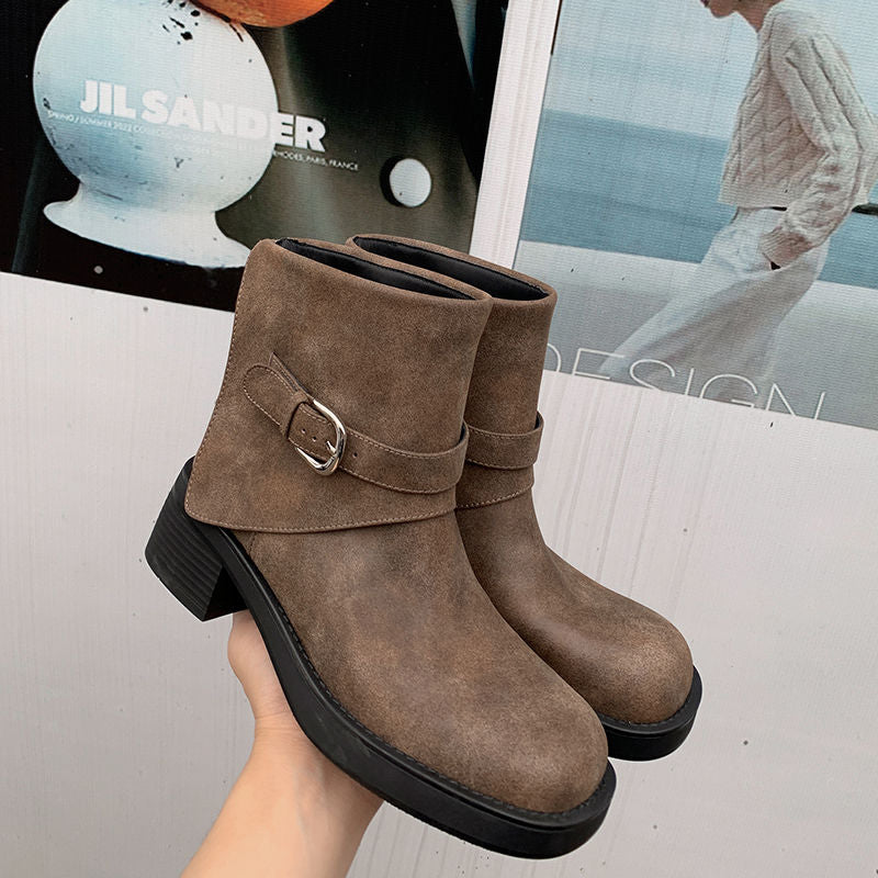 Karin Luna In Stock Spot Goods Versatile Basic Round Toe Belt Buckle Thick Sole Tube Boots