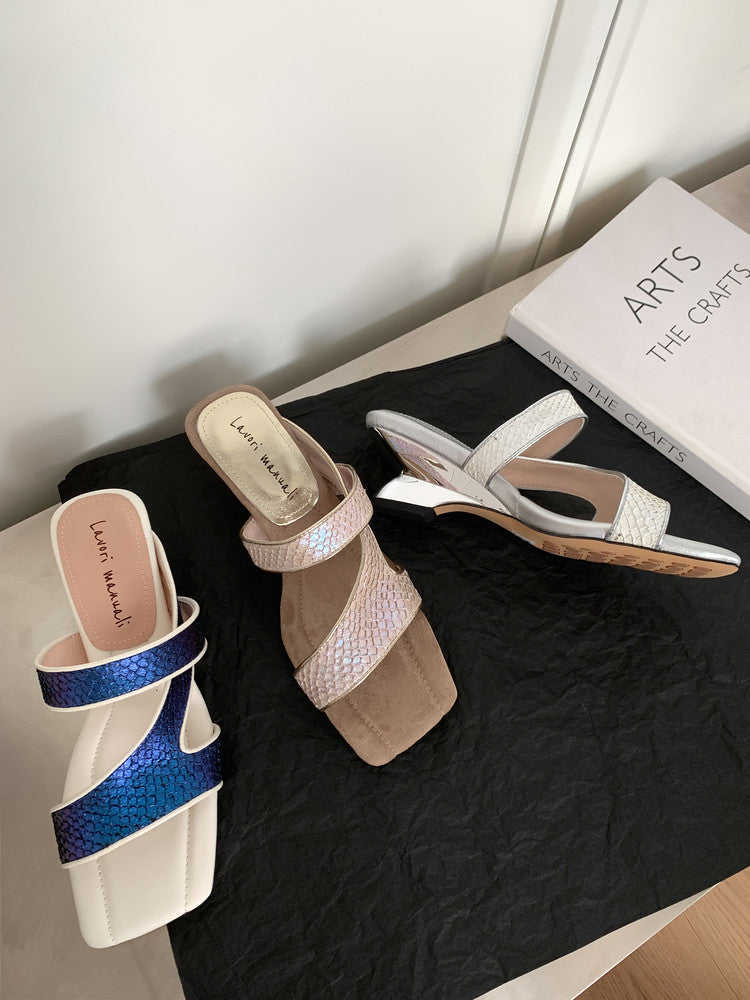 Karin Luna Fish Skin Series~Minimalist Square Toe Popular Irregular Heel Slippers
