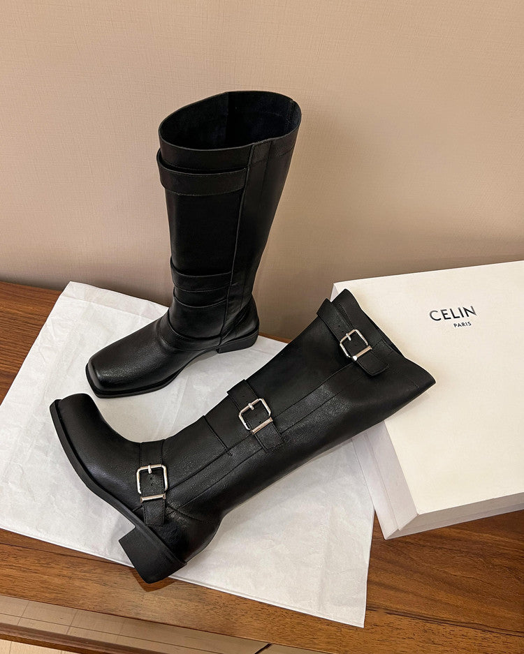 Karin Luna In Stock In Stock European and American Style Square Toe Thick Sole Belt Buckle Long Boots