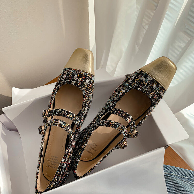 Karin Luna Classic Chanel Style~ Tweed Spring Limit Square Toe Chunky Heel Mary Jane Strap Single Shoes