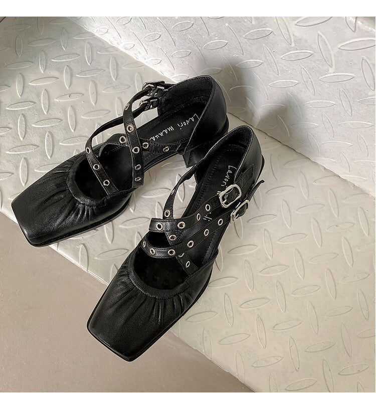 Karin Luna In Stock Spot Goods First Layer Sheepskin Cross Strap Rivet Square Toe Mary Jane Sandals