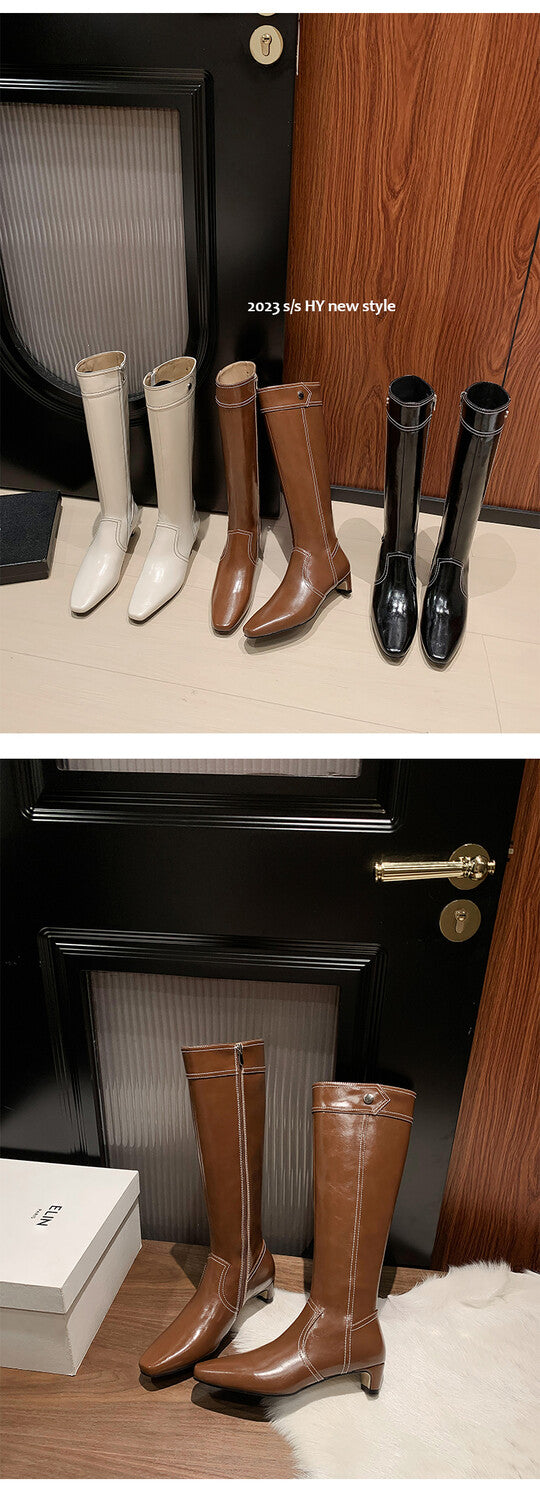 Karin Luna In Stock Spot Goods  Vintage Open Stitch Small Square Toe High Heel Side Zipper Riding Boots