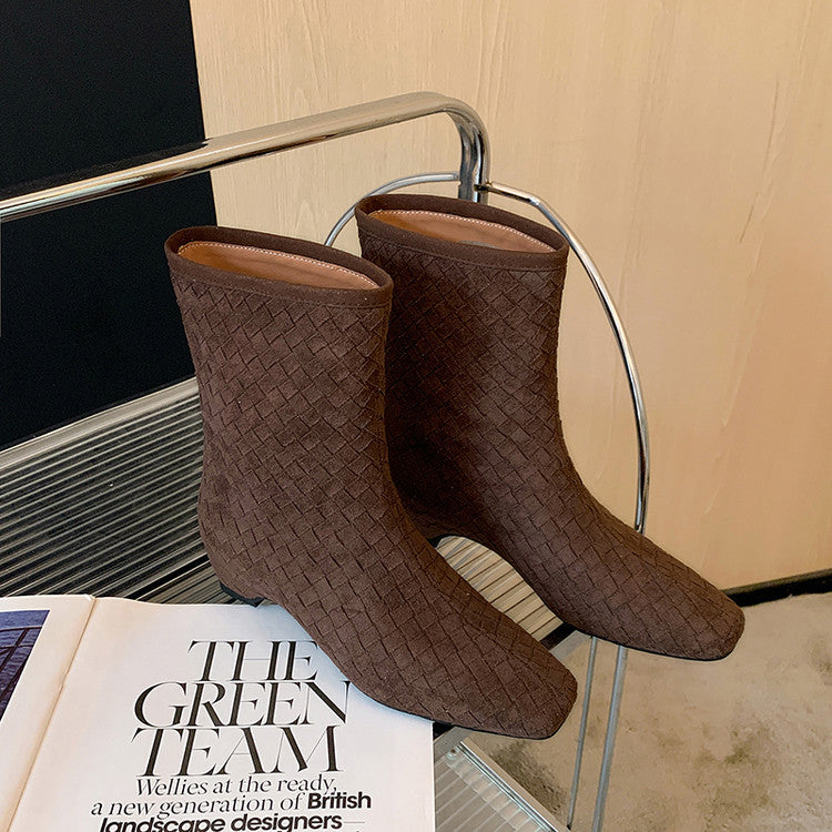 Karin Luna Handmade Woven Fabric Small Square Toe Hidden Heel Short Boots