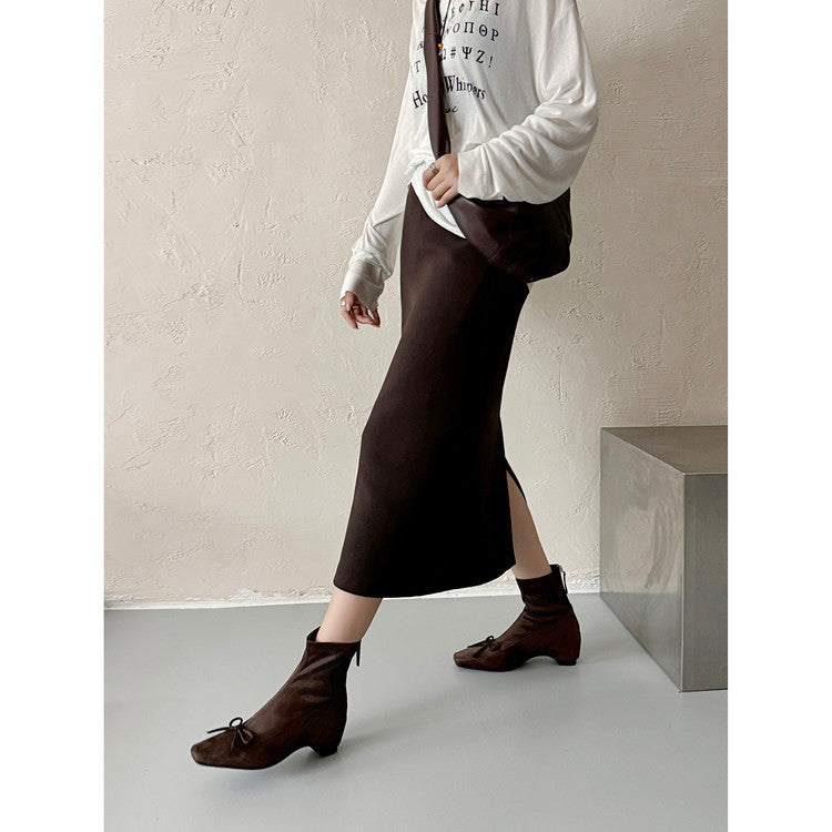 Karin Luna French Style Square Toe Bowknot Hidden Wedge Slim Boots