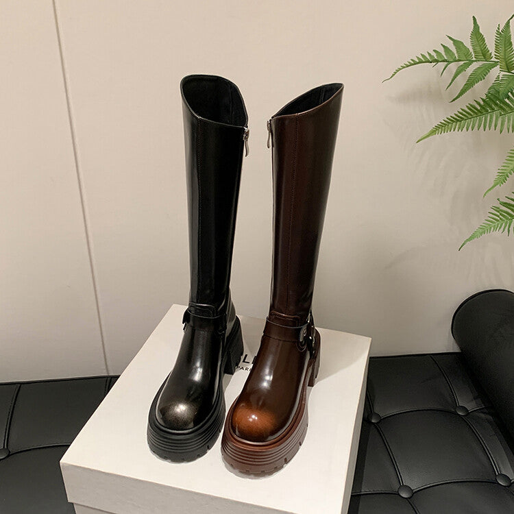 Karin Luna In Stock In Stock Slimming Diagonal Cut Tube Top  Best-selling in stock Retro Metal Buckle Thick-Soled Long Boots