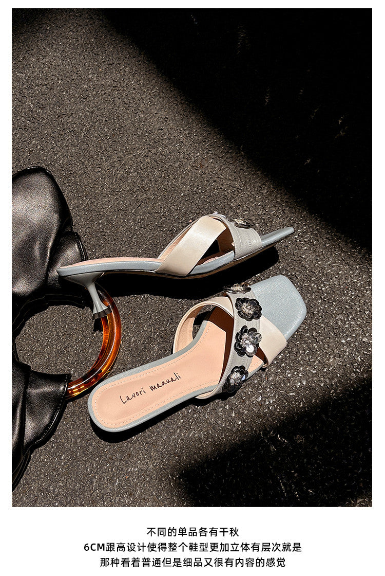 Karin Luna In Stock Spot Goods  Sequin Floral Cross Strap Square Toe Stiletto Slippers