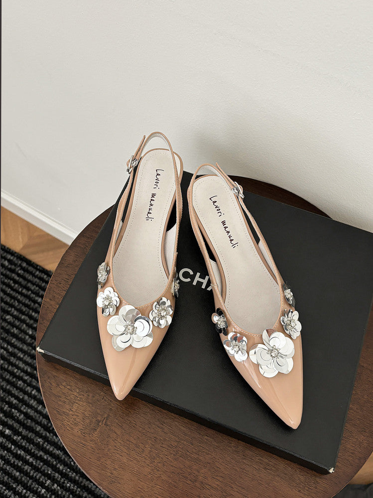 Karin Luna In Stock In Stock  Sequin Floral Pointed Toe Chunky Heel Closed-Toe Sandals