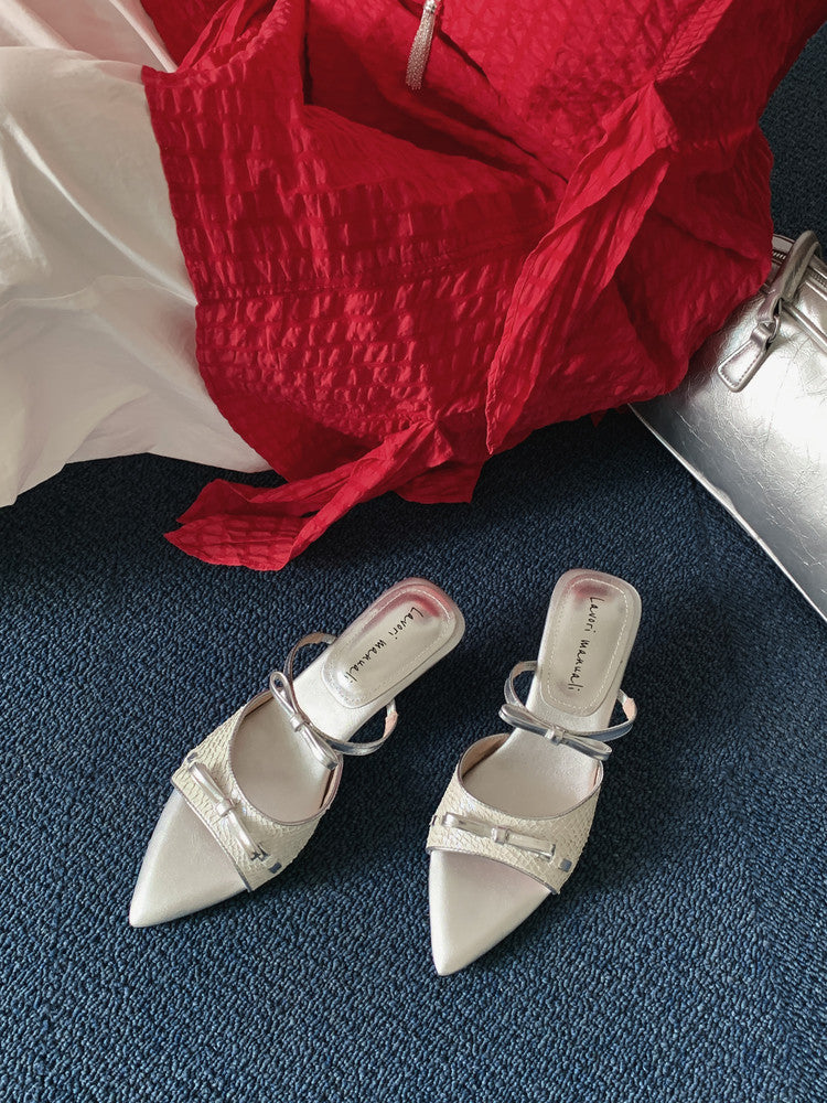Karin Luna Fish Skin Series~Pointed Toe Irregular Heel Bowknot Strap Slippers