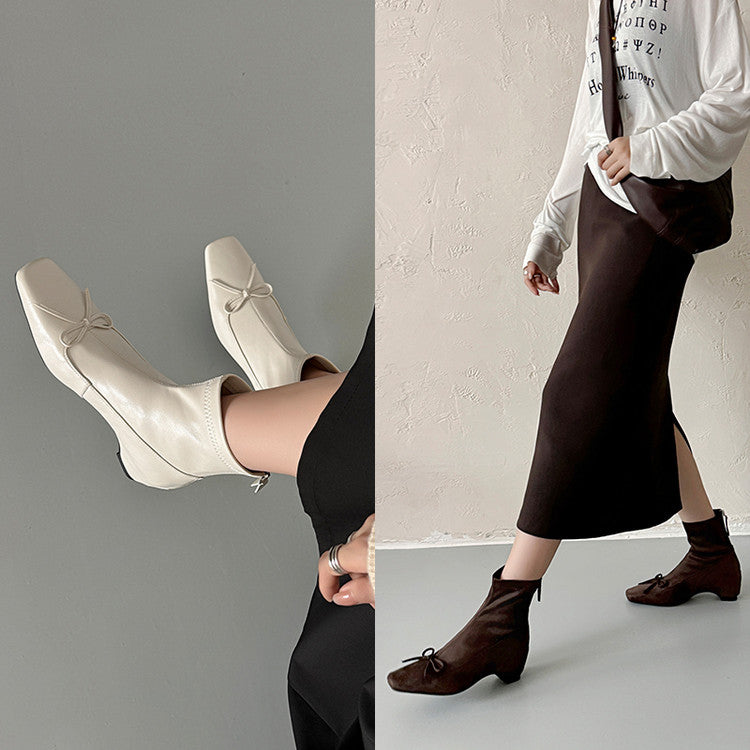 Karin Luna French Style Square Toe Bowknot Hidden Wedge Slim Boots
