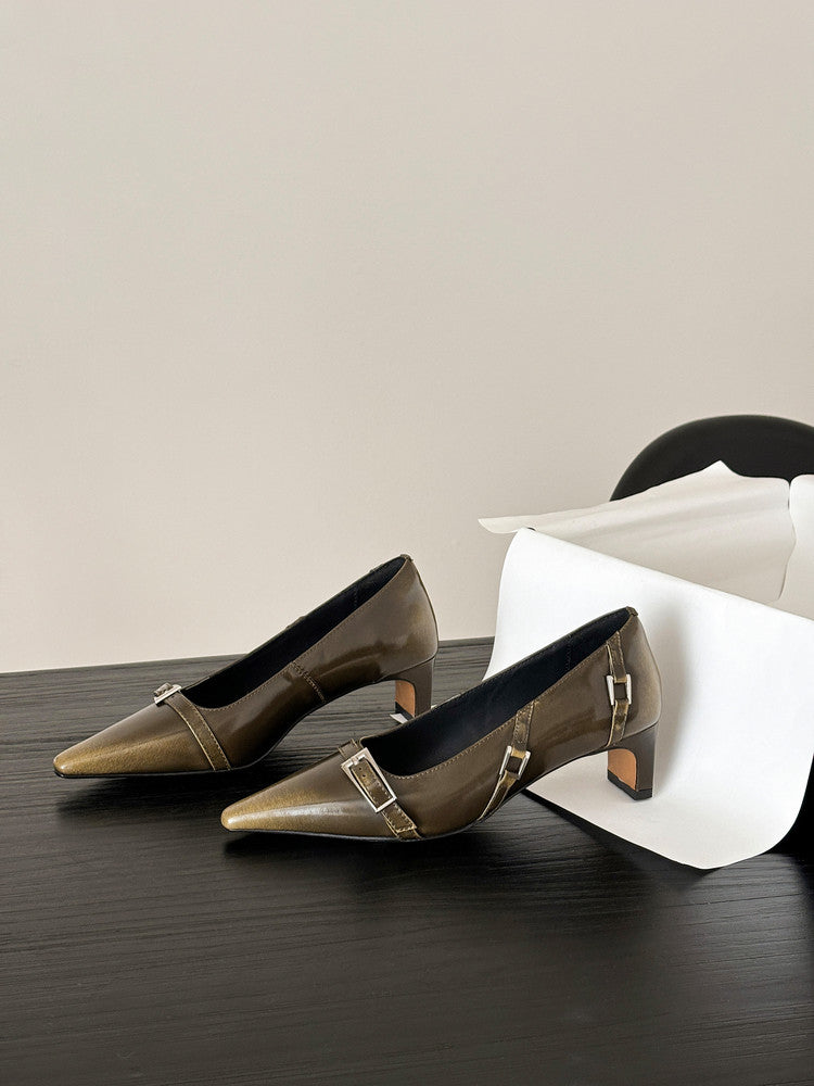 Karin Luna In Stock In Stock Retro Belt Buckle Small Square Toe Chunky Heel Single Shoes