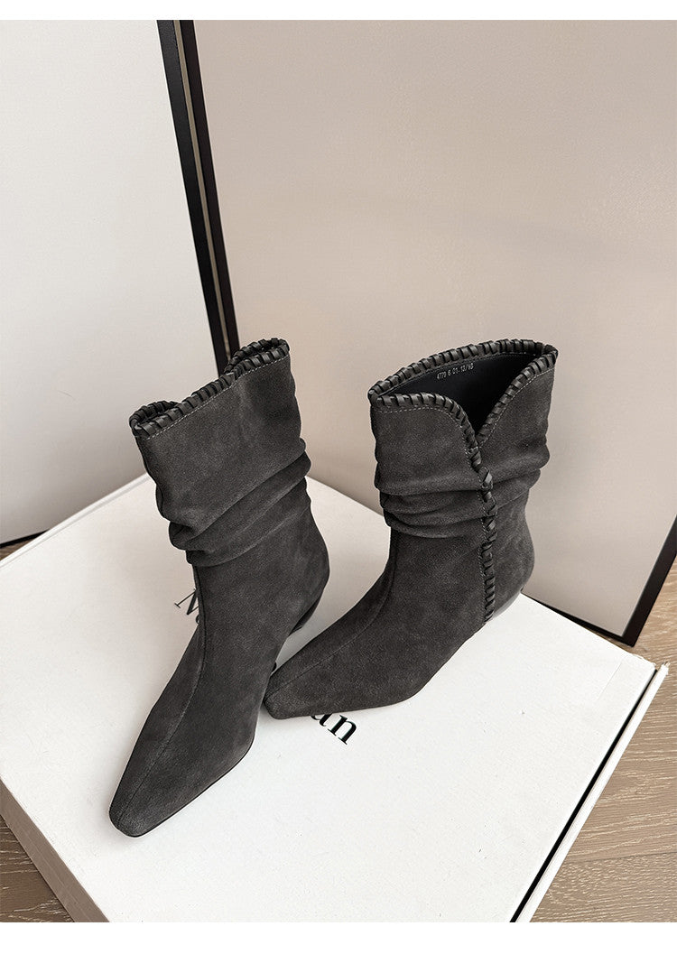 Karin Luna Elegant Style Small Square Toe Pleated Short Boots