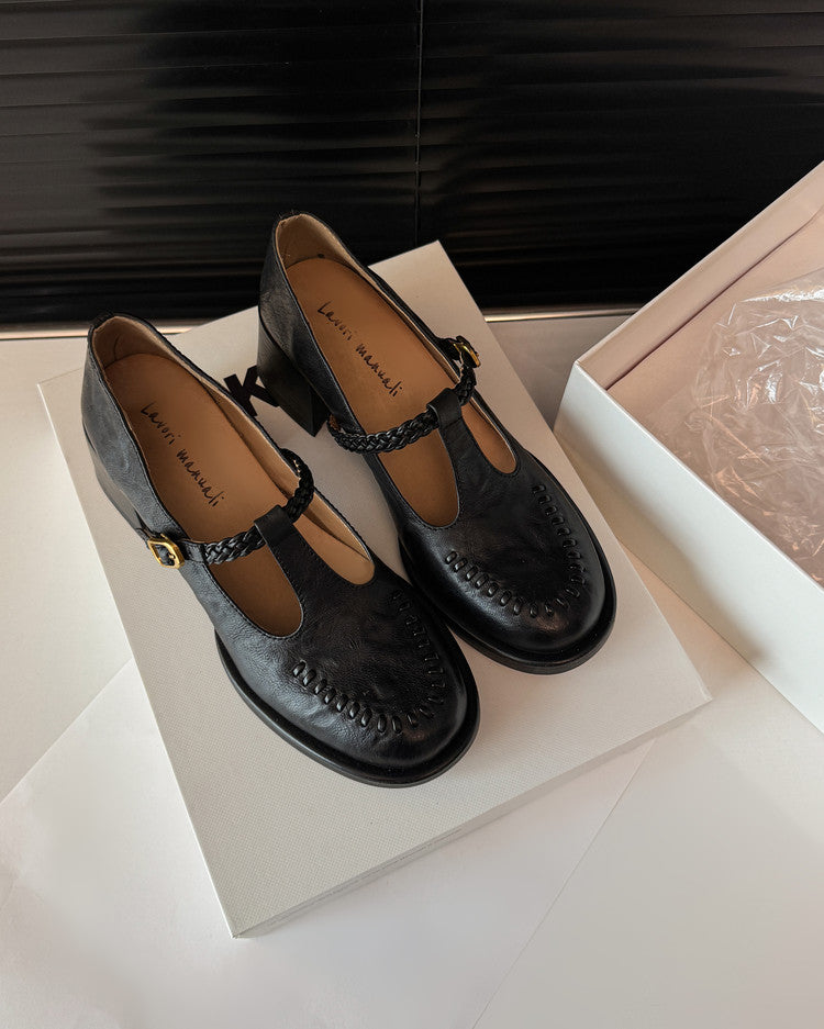 Karin Luna In Stock Spot Goods Vintage Braided Twist High Heels T Round Toe Thick Sole Single Shoes