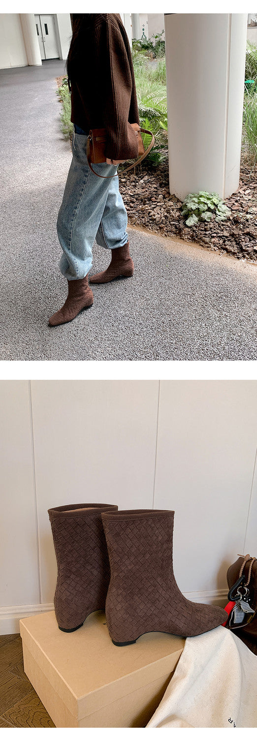 Karin Luna Handmade Woven Fabric Small Square Toe Hidden Heel Short Boots